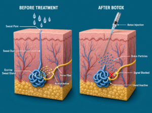 How Botox stops hyperhidrosis at the nerve level, before sweat is ever produced.