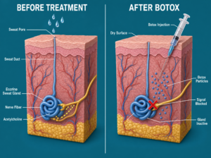 How Botox stops hyperhidrosis at the nerve level, before sweat is ever produced.