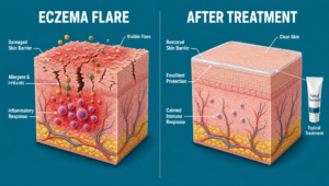 A clean two-panel medical illustration showing how proper eczema treatment restores skin barrier function. Side-by-side comparison in the style of Cleveland Clinic or Mayo Clinic patient education diagrams.