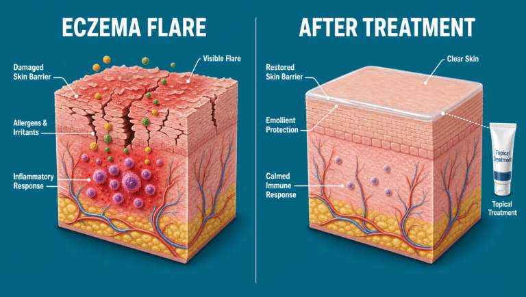 A clean two-panel medical illustration showing how proper eczema treatment restores skin barrier function. Side-by-side comparison in the style of Cleveland Clinic or Mayo Clinic patient education diagrams.